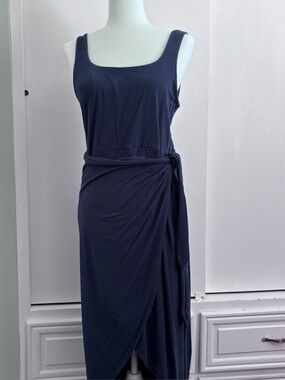 Quince Navy Sleeveless Wrap-Style Midi Dress sz L